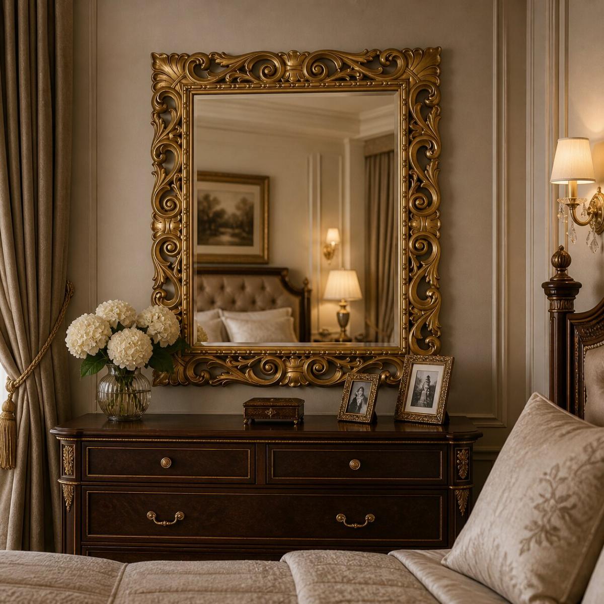 Luxury-gold-baroque-wall-mirror-with-sculpted-scroll-crest-and-beaded-inner-frame-baroque-mirror-lifestyle-view-luxury-group-international